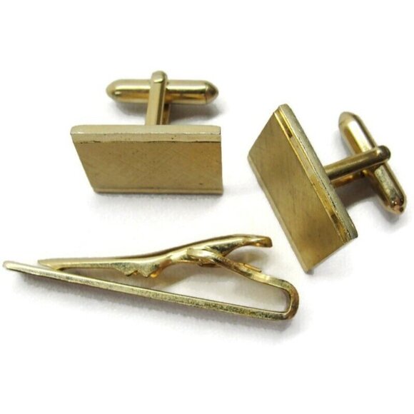 Vtg Swank Brushed Finish Cufflinks Tie Bar Set Gold Tone Tux Shirt Dress Suit - Picture 2 of 7